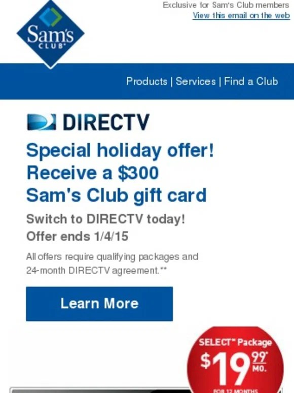 Sam's Club 300 holiday offer from DIRECTV Milled