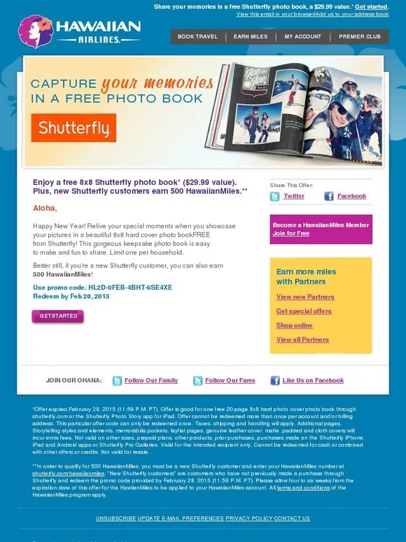 Hawaiian Airlines FREE Shutterfly Photo Book + 500 HawaiianMiles Milled