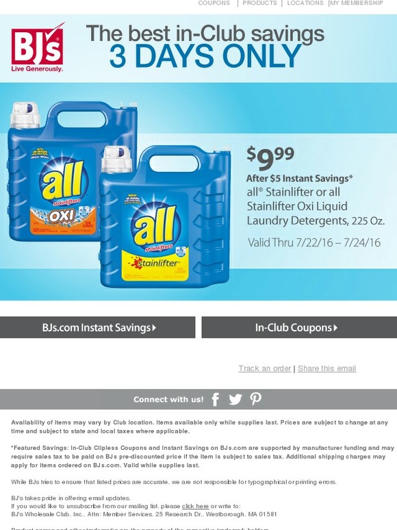 BJs Wholesale Club 3 Days Only Save 5 on Laundry Detergent Milled