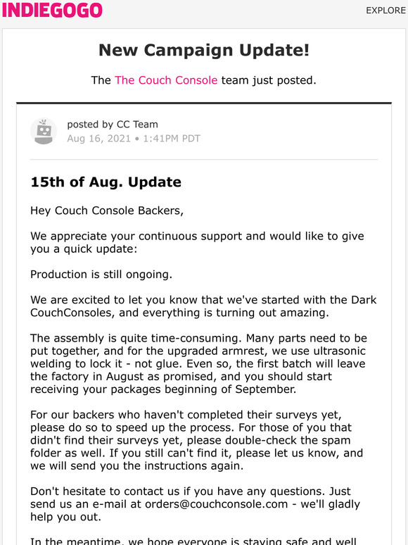 Indiegogo Update 5 from The Couch Console Milled