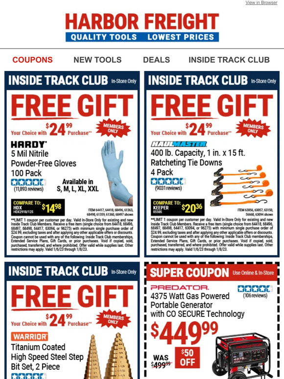 Harbor Freight Tools Last Chance to Choose Your Member’s Only FREE GIFT with 24.99 Purchase