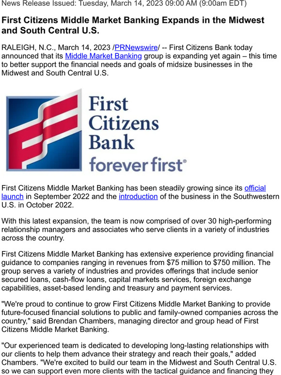 CIT Bank First Citizens Middle Market Banking Expands in the Midwest