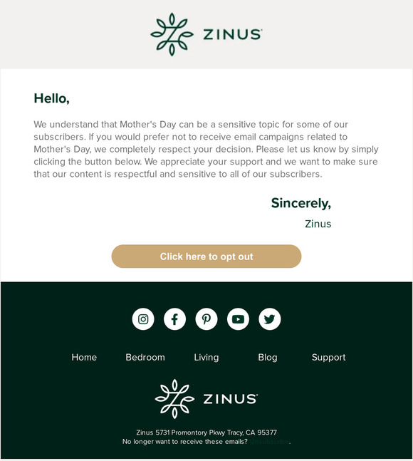 Zinus Opt Out Mother's Day Campaigns Milled