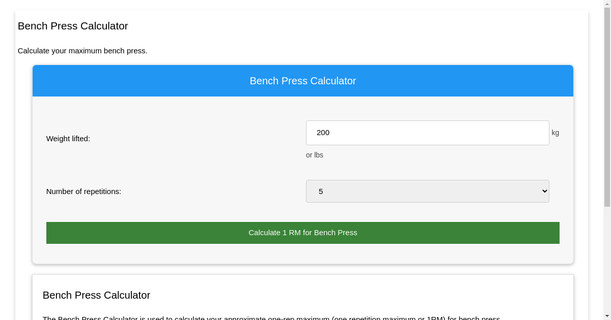 Bench Press Calculator - Calculate Your One Rep Max for Bench Press