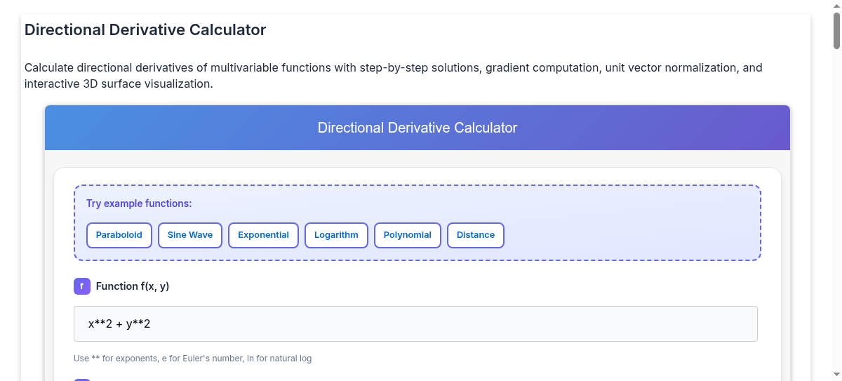Directional Derivative Calculator with StepbyStep Solutions