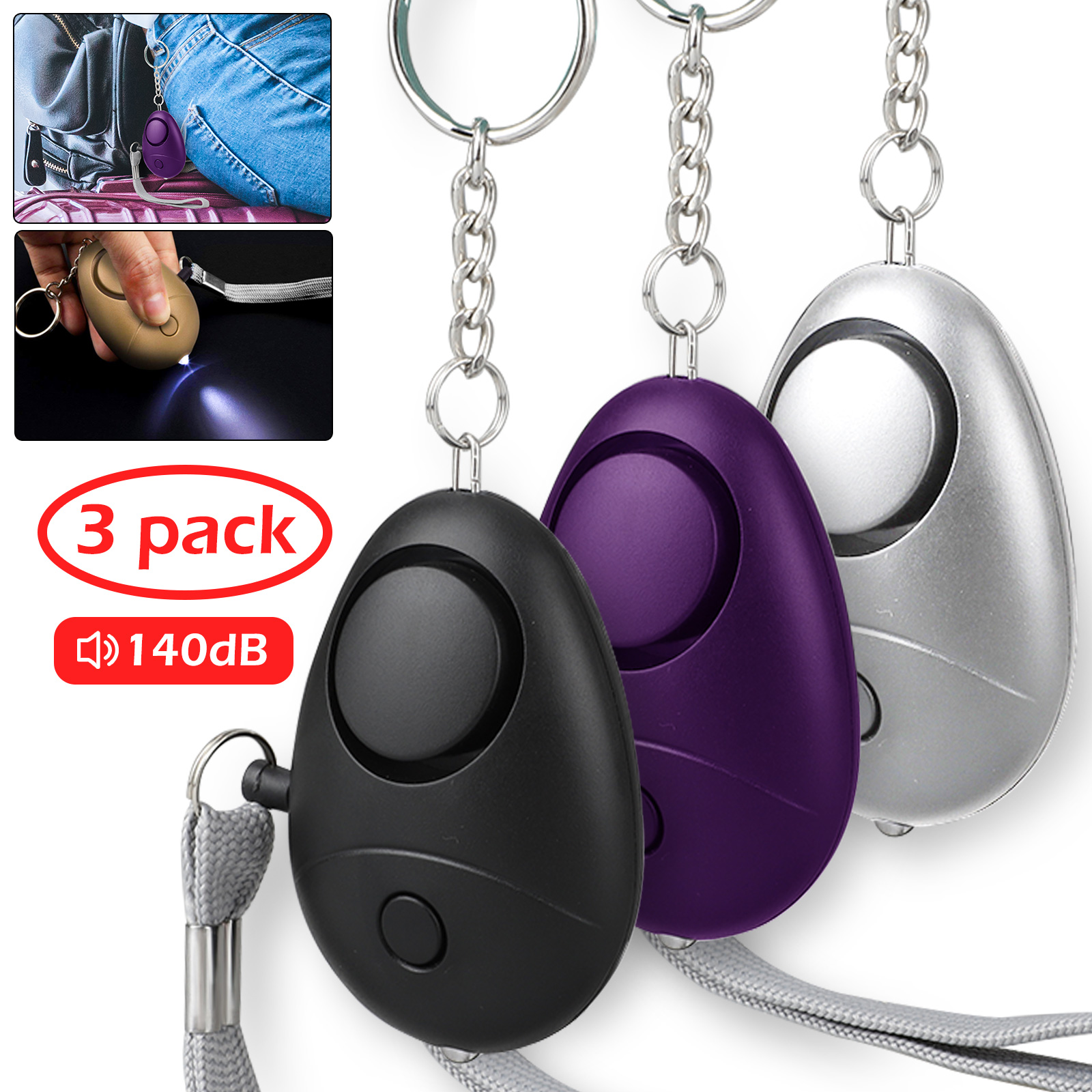 3 Pack 140dB Emergency Personal Alarm Keychain Safe Self