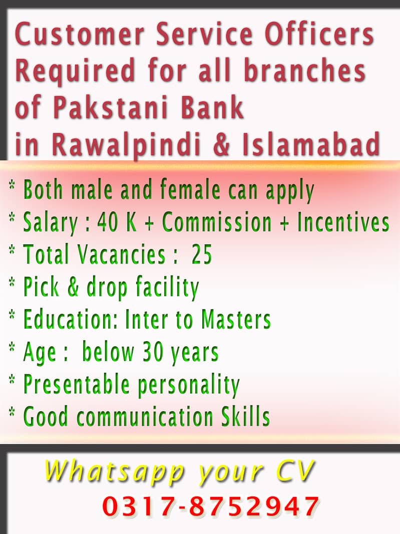 Customer Service Officer Required for all branches of Pakstani Bank Customer Service Jobs