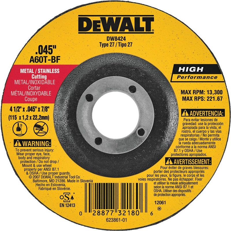 DeWALT DW8424 Cutting Wheel, 41/2 in Dia, 0.045 in Thick, 7/8 in Arbor