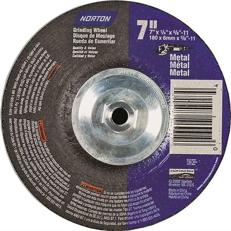 Norton 7660775940 Type 27 Grinding Wheel, 7 in Dia x 1/4 in T, 5/811 Arbor