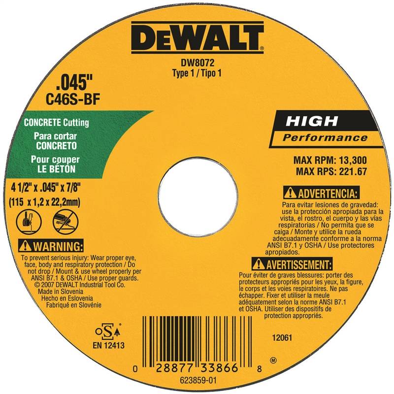 Dewalt DW8072 Type 1 High Performance Thin Reinforced CutOff Wheel, 4
