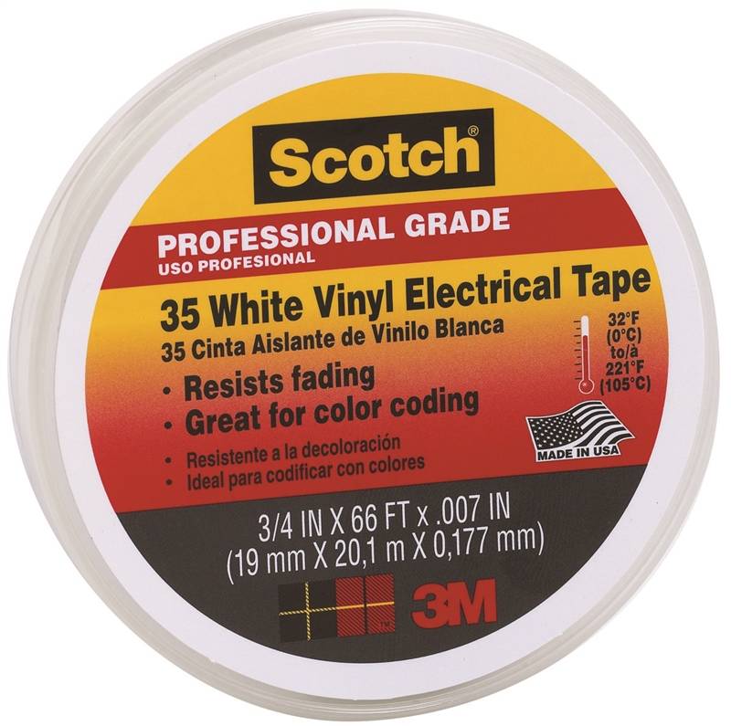 Scotch 35 Color Coding Electrical Tape, 3/4 in W x 66 ft L x 7 mil T, 600 V, Rubber, White