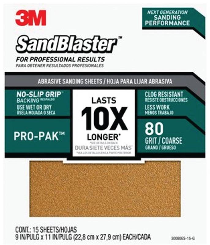 3M SandBlaster Series 30080ES15G Sandpaper, 11 in L, 9 in W, 80 Grit, Coarse, Aluminum Oxide