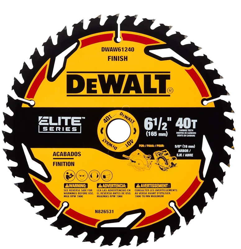 DeWALT ELITE Series DWAW61240 Circular Saw Blade, 61/2 in Dia, 5/8 in Arbor, 40Teeth, Tungsten