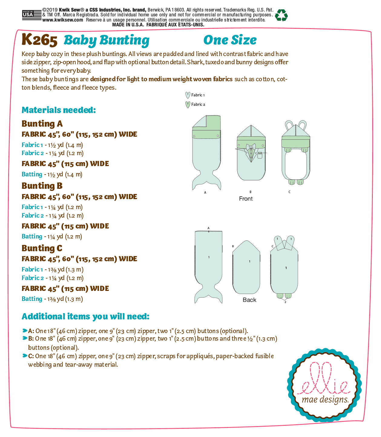 Kwik Sew 0265 Baby Bunting