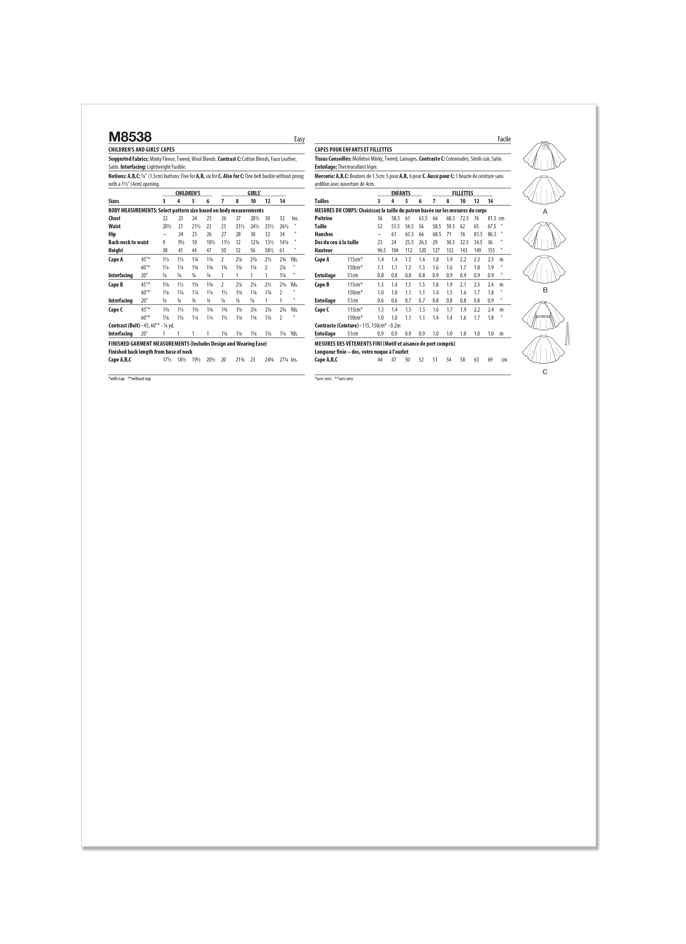 McCall's 8538 Children's and Girls' Capes