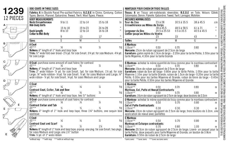 Simplicity 1239 Dog Coats in Three Sizes