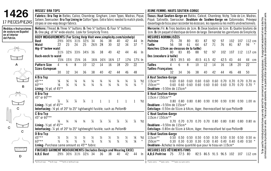 Simplicity 1426 Misses' Vintage 1950's Bra Tops