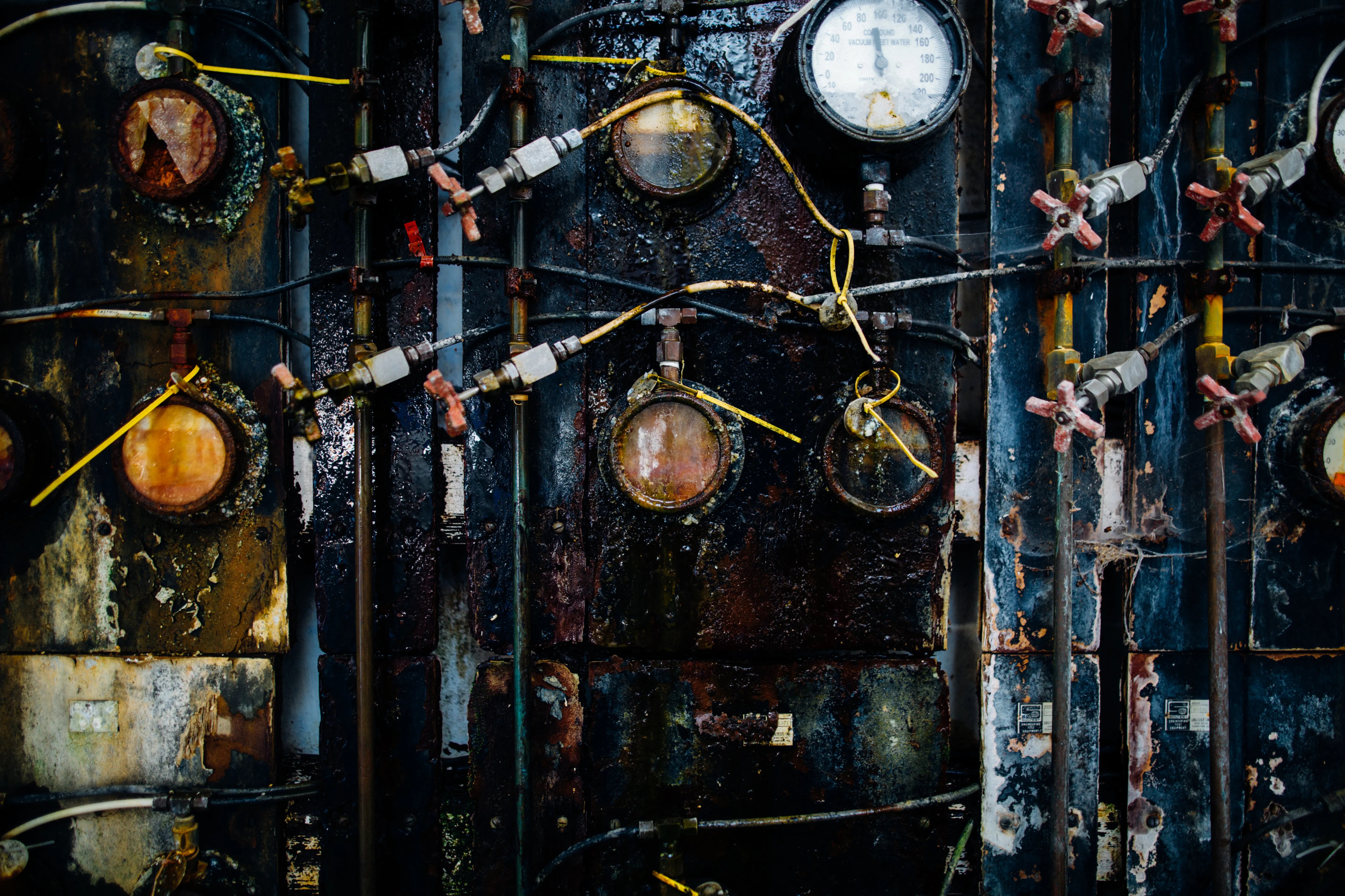 A close-up of rusted industrial pipes and gauges with visible corrosion.