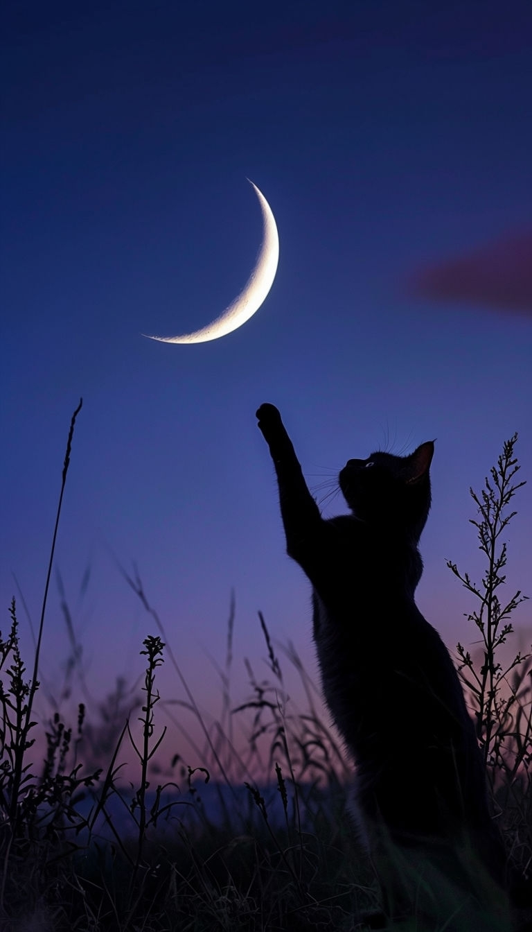 Black Cat Reaching for Crescent Moon in Night Sky Mobile Wallpaper