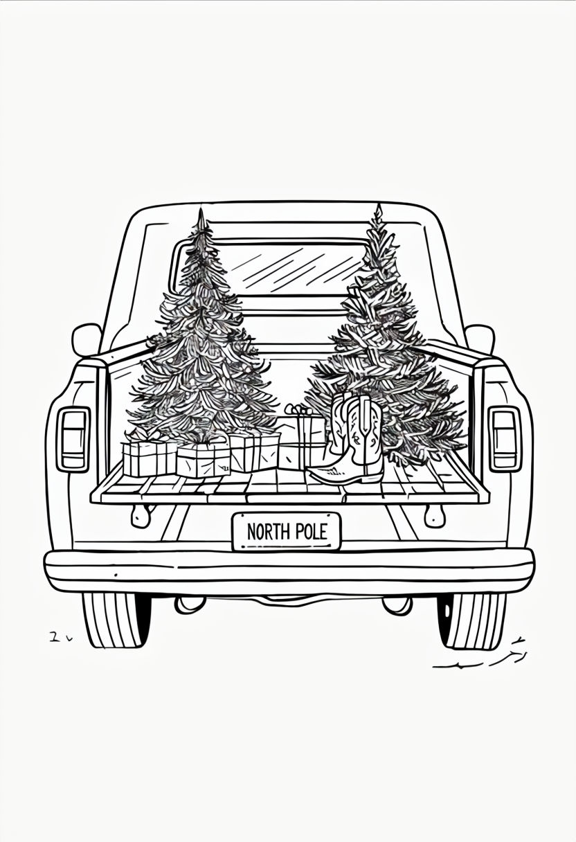 Whimsical Old Pickup Truck with Christmas Trees Coloring Page Playground