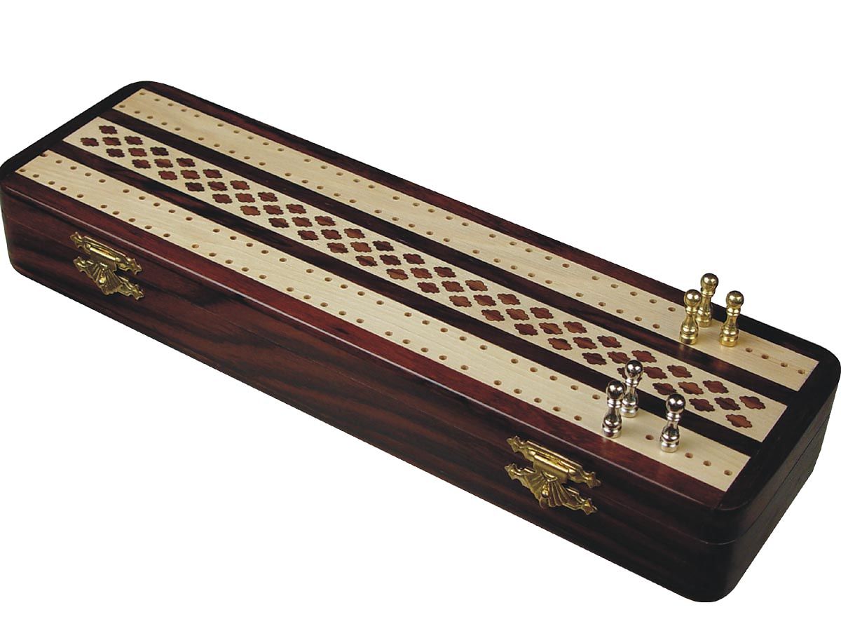 Unique Cribbage Board And Box In Rosewood Maple 12inch 2 Tracks