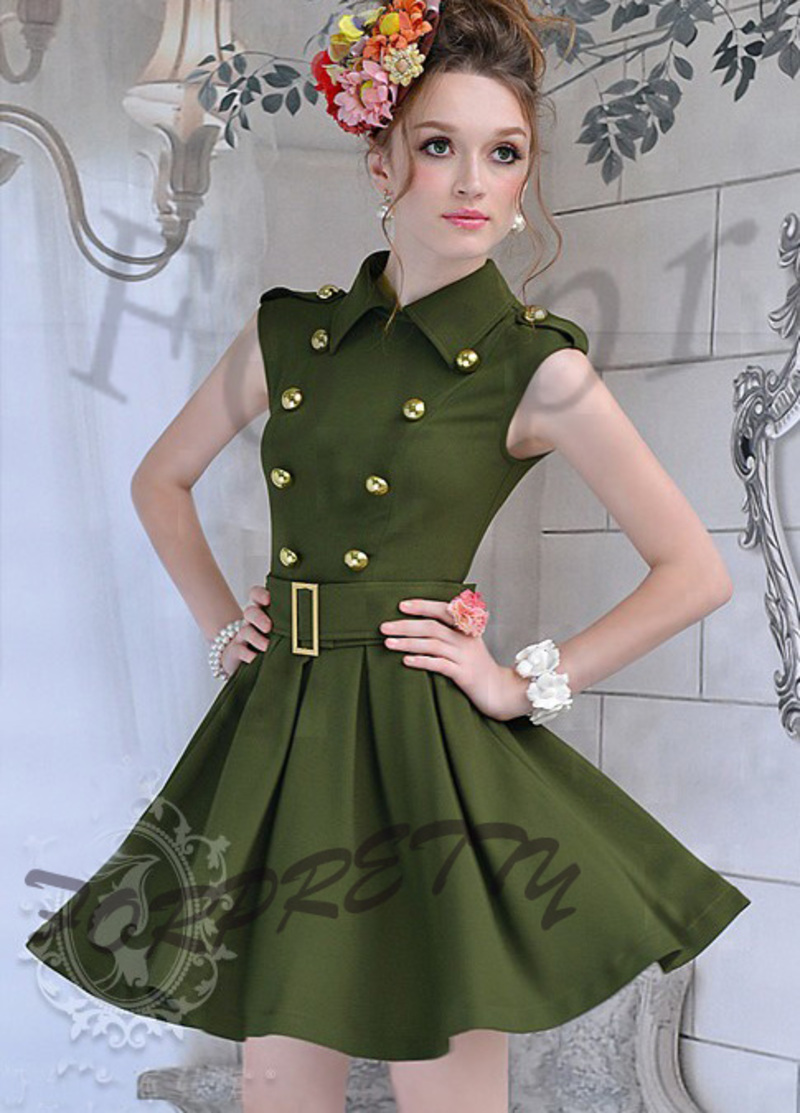 Military Style Army Green Double Breasted Belted Big Hem Career Dress