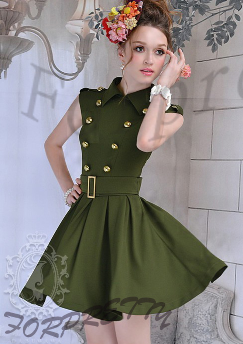 Military Style Army Green Double Breasted Belted Big Hem Career Dress eBay