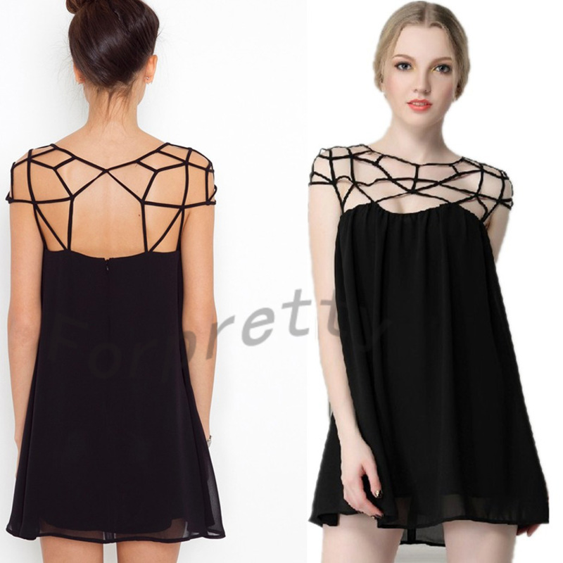 Sexy Weave Net Grid Cutout Ripped Semi Sheer Double Layer Chiffon Mini