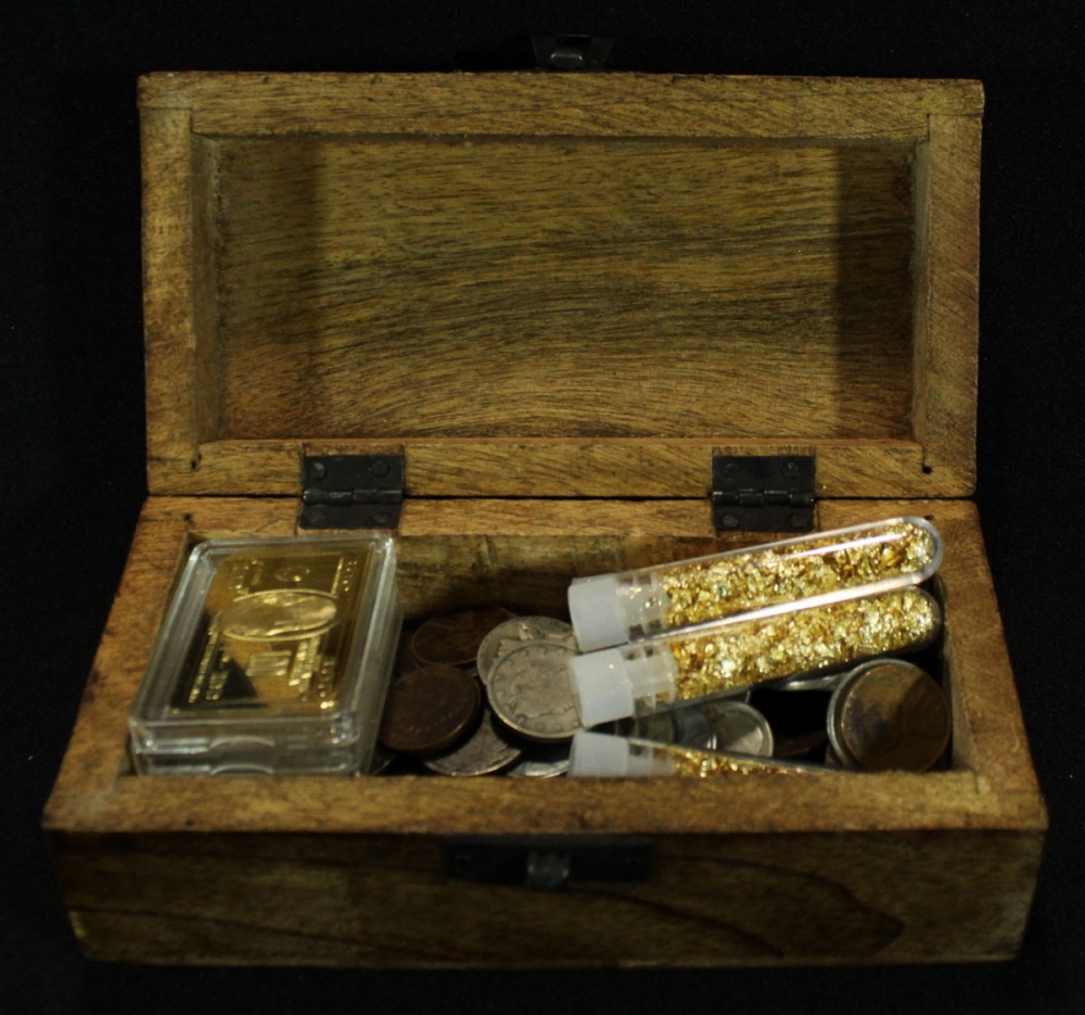 Mini Treasure Chest with Gold Flakes, Gold Clad Bars, Silver Clad Bars