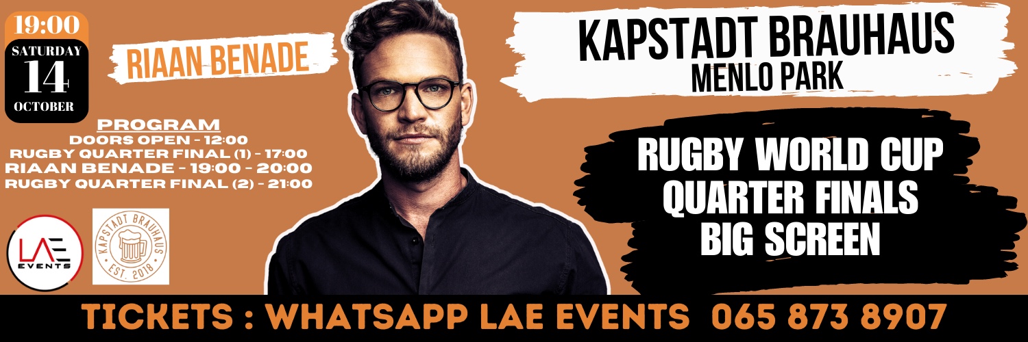 Book tickets for RIAAN BENADE MENLO PARK / PRETORIA (14 OKTOBER 2023 KAPSTADT BRAUHAUS)