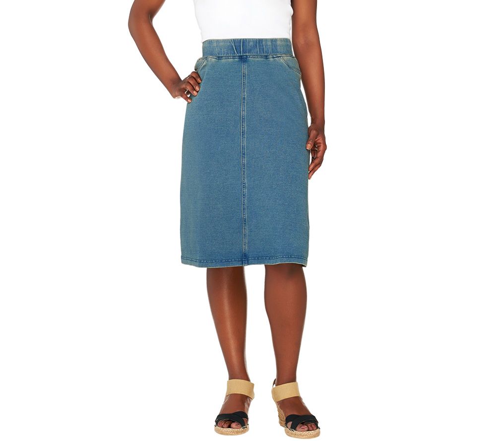"As Is" Denim & Co. "How Comfy" Knit Denim Knee Length Skirt Page 1