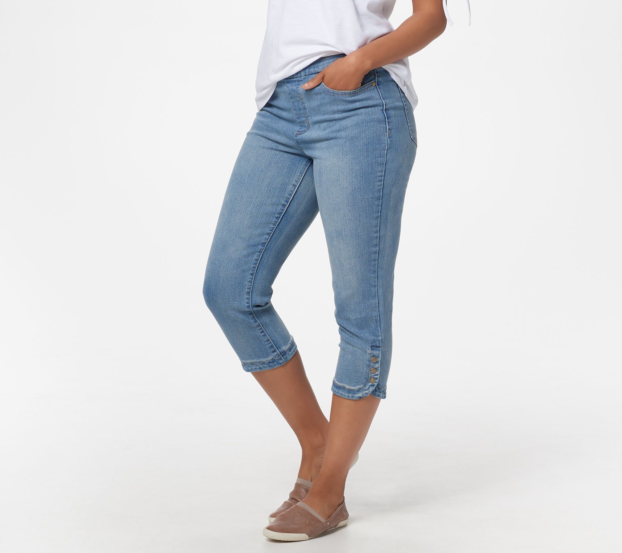 Denim & Co. PullOn Capri Jeans with Snap Tulip Hem