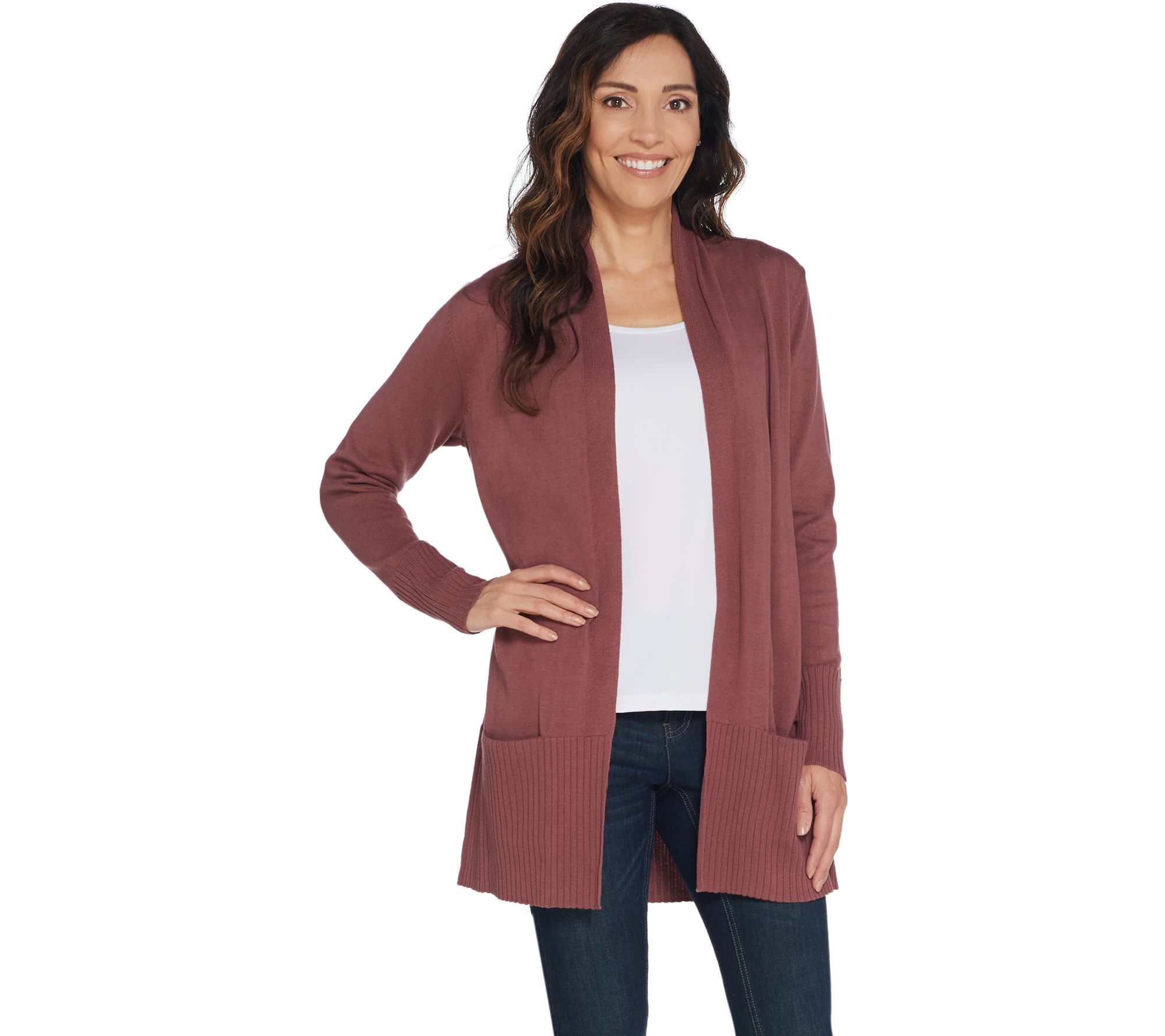 Denim & Co. Open Front LongSleeve Cardigan w/ Rib Trim & Pockets