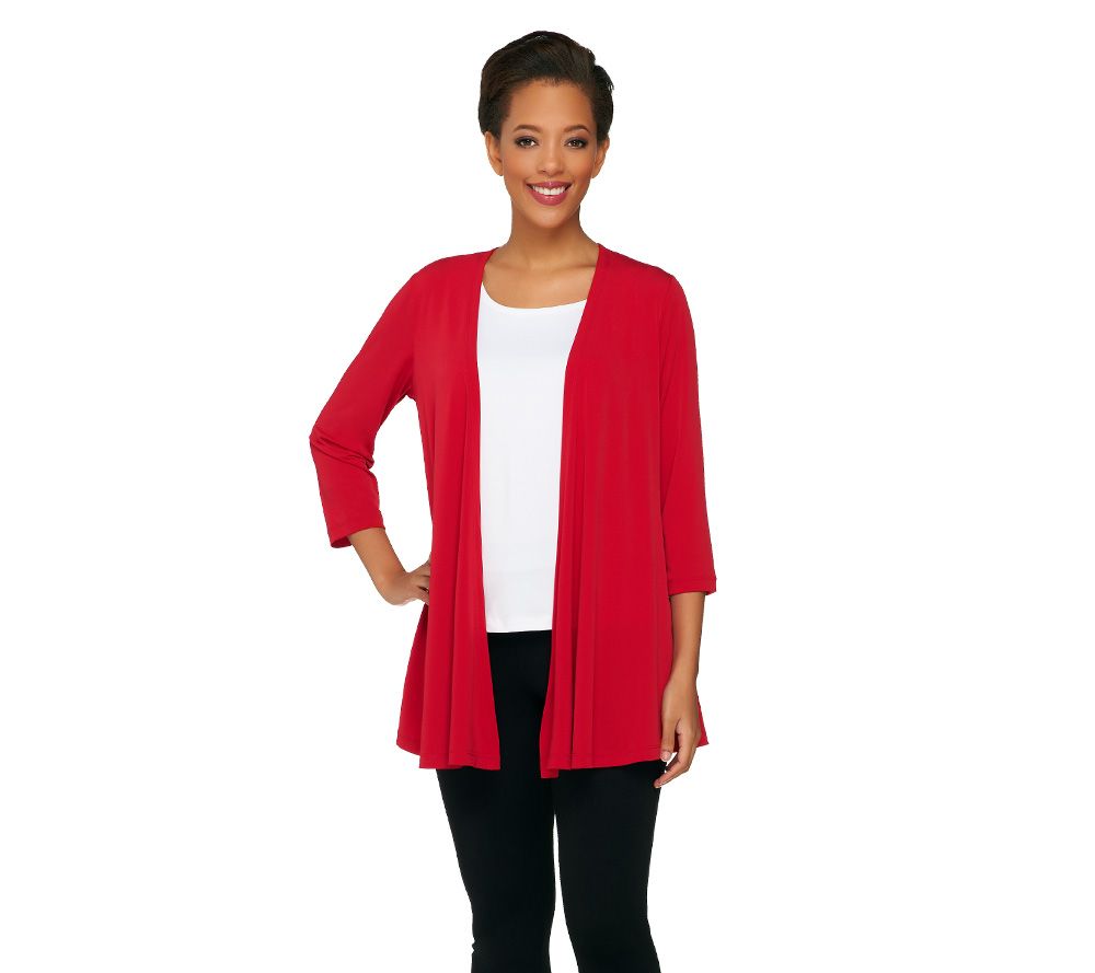 Susan Graver Liquid Knit 3/4 Sleeve Cascading Front Cardigan Page 1