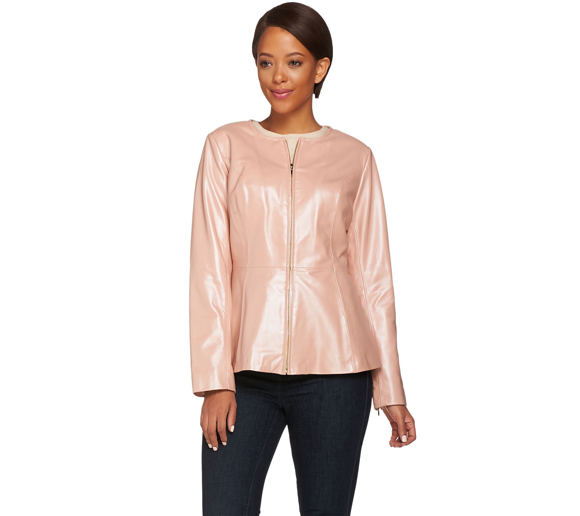 Isaac Mizrahi Live! Pearlized Peplum Lamb Leather Jacket Page 1 —