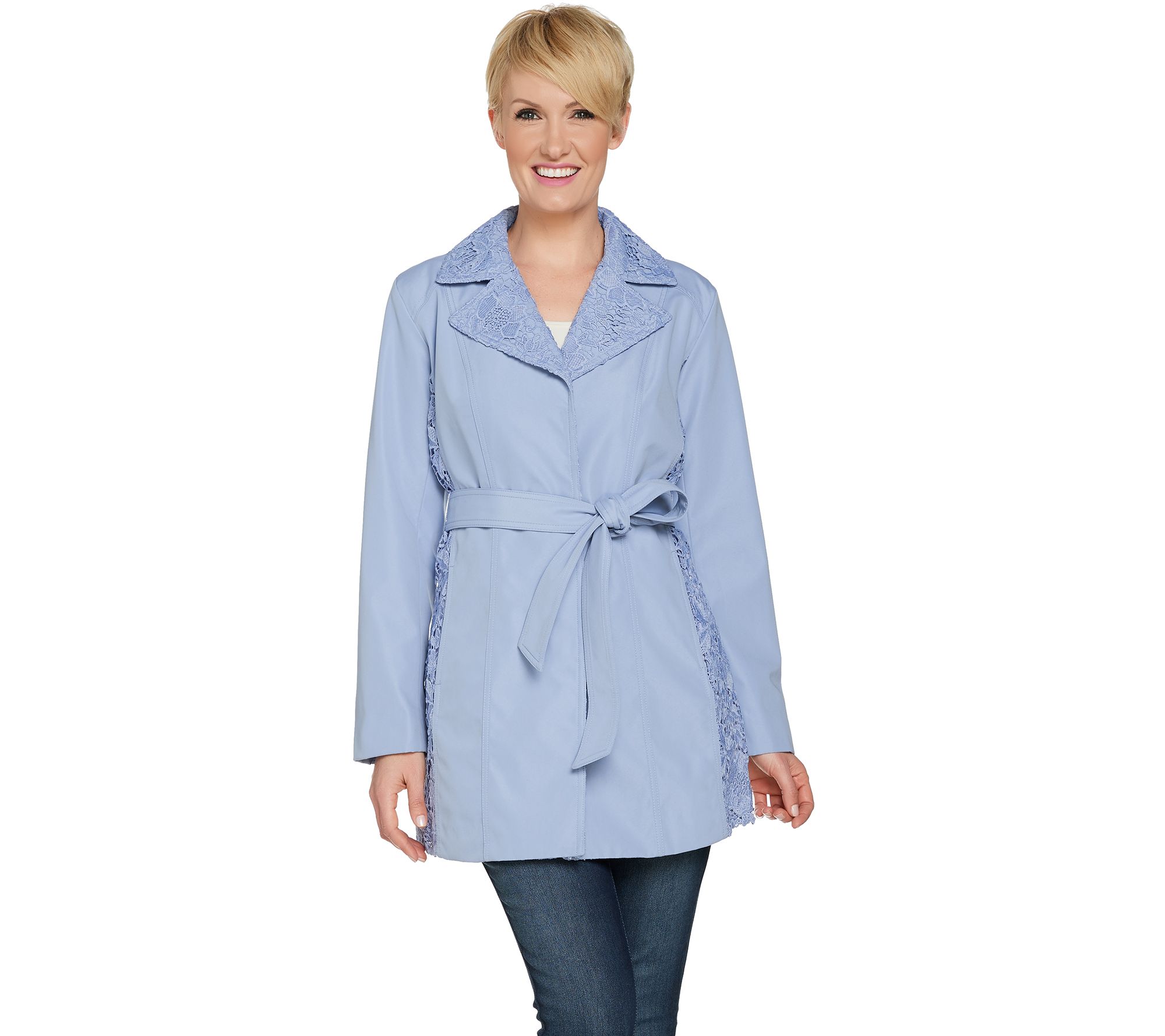 Dennis Basso Water Resistant Lace Trim Jacket with Belt Page 1 —