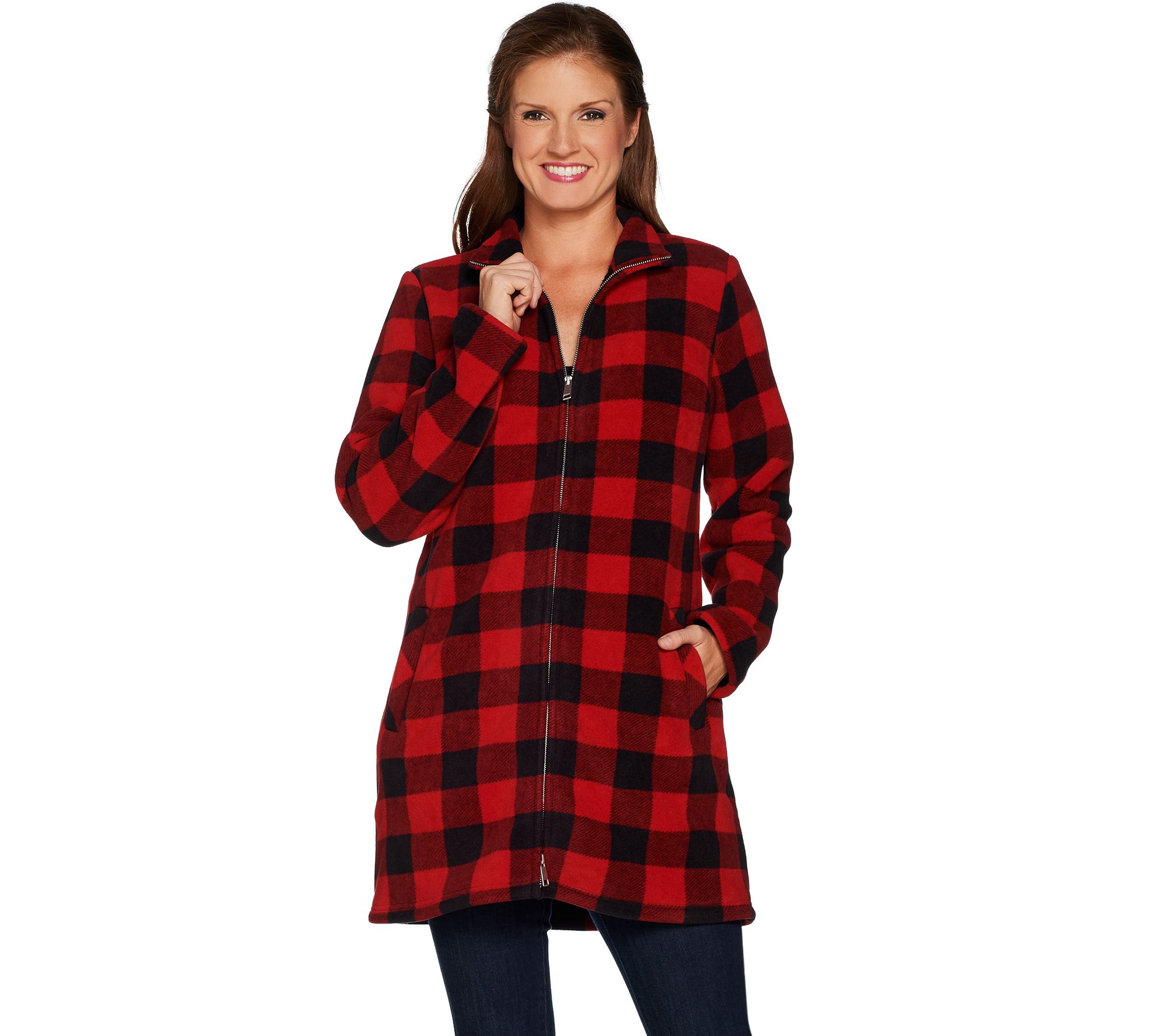 Denim & Co. Buffalo Plaid Sherpa Lined Fleece 2Way Zip Up Jacket