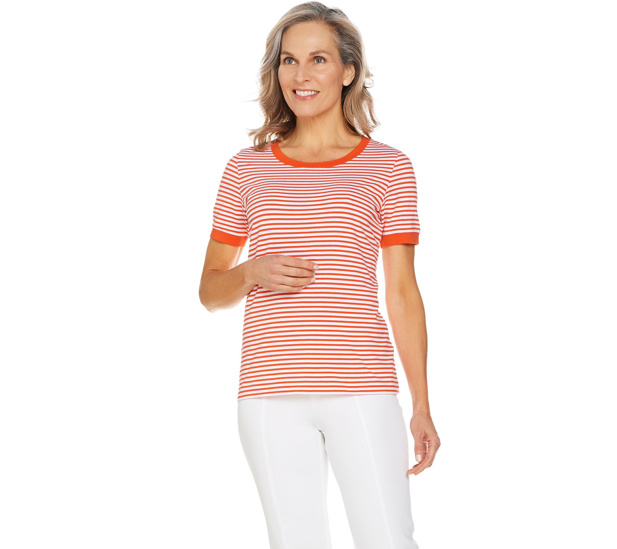 Susan Graver Weekend Striped Stretch Cotton Modal Top Page 1 —