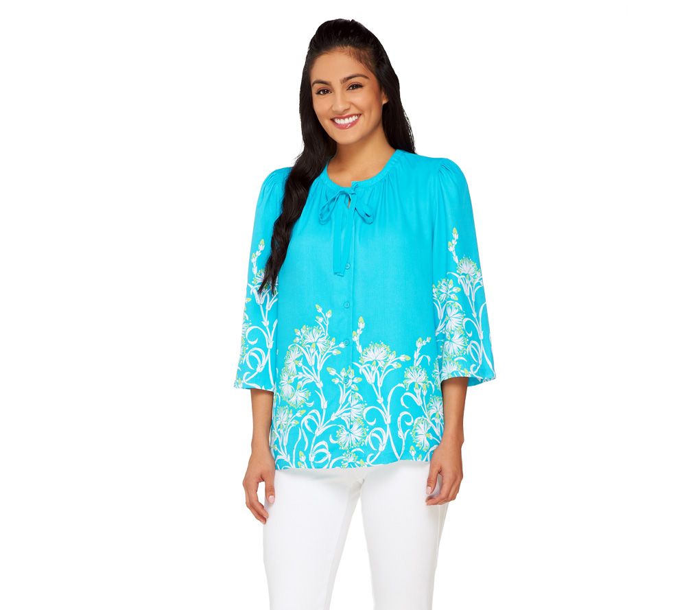 Bob Mackie's Floral Print 3/4 Sleeve Button Front Blouse Page 1 —
