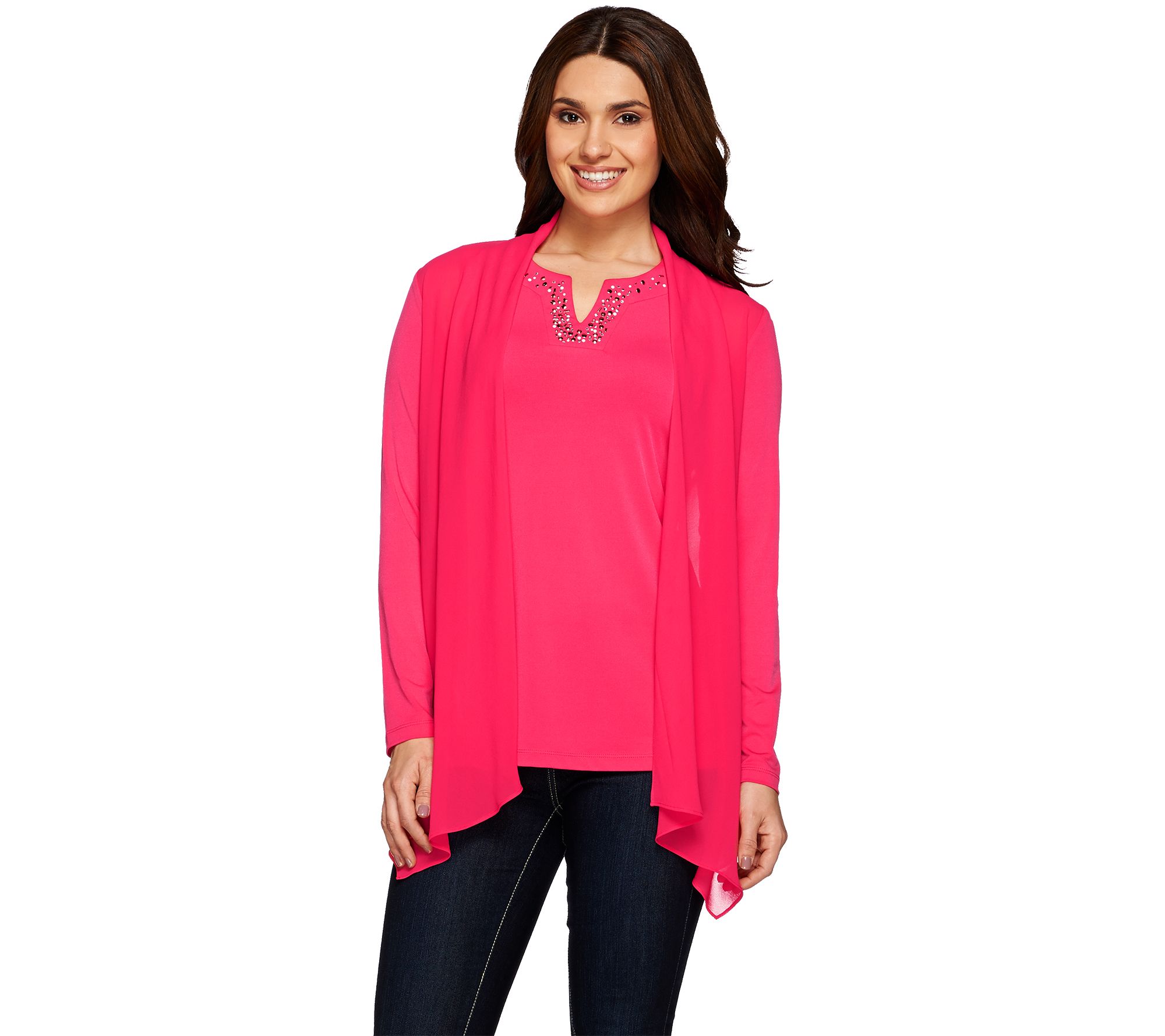 Susan Graver Artisan Liquid Knit Chiffon Front Cardigan Embellished Top