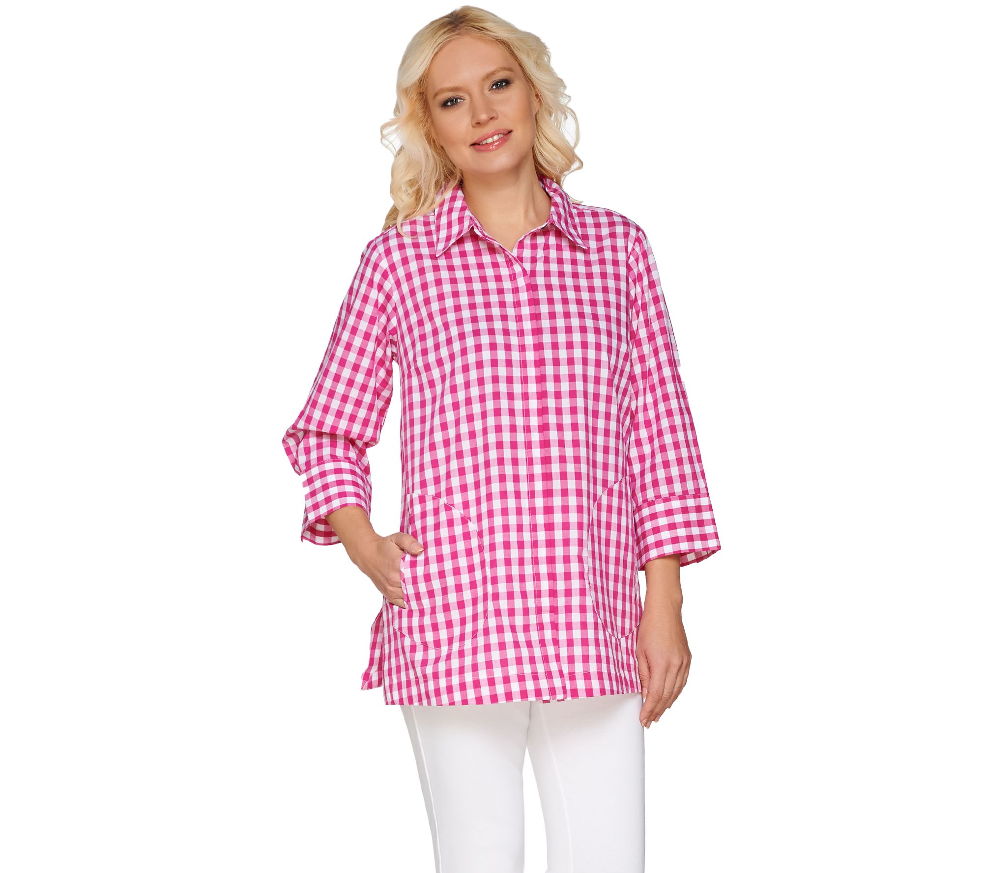 "As Is" Joan Rivers Gingham Boyfriend Shirt with 3/4 Sleeves Page 1