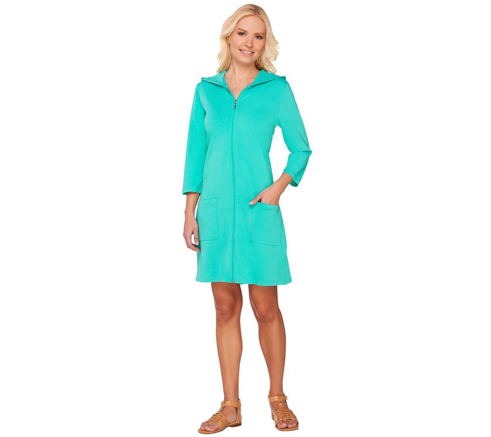 Denim & Co Beach 3/4 Sleeve Zip Front Cover Up w/Hood Page 1 —