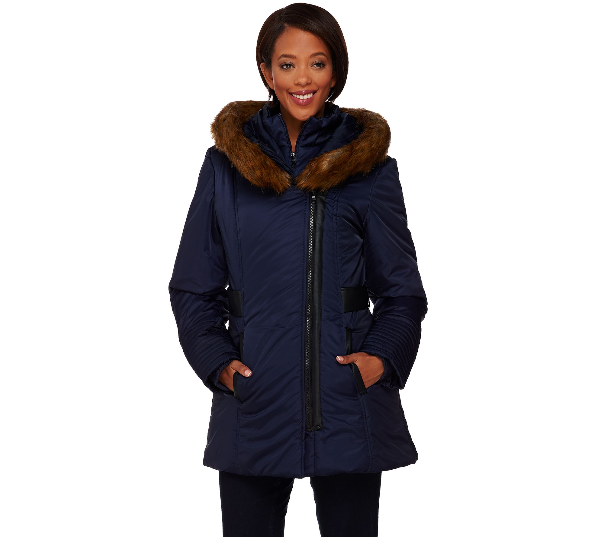 "As Is" Susan Graver Asymmetrical Zip Front Coat w/ Faux Fur —