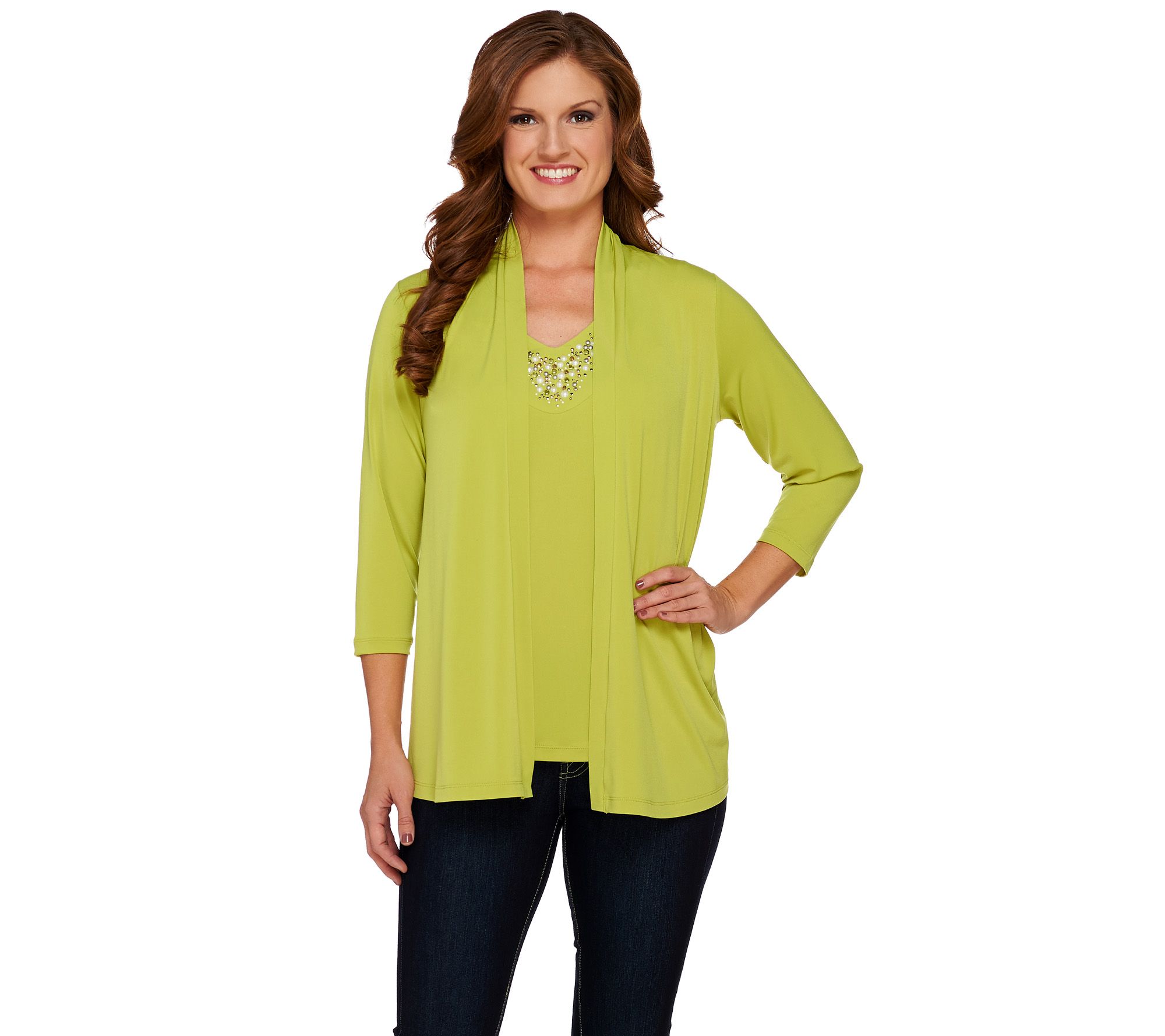 Susan Graver Liquid Knit Cardigan and Tank Set with Embellishments