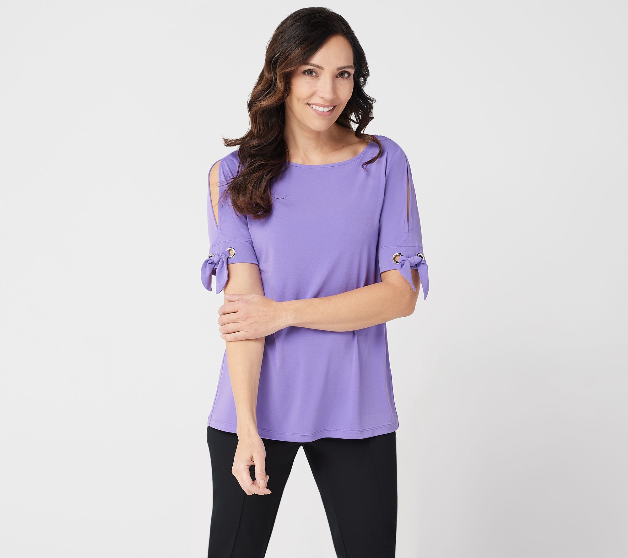 Susan Graver Liquid Knit Short Sleeve Top Page 1 —