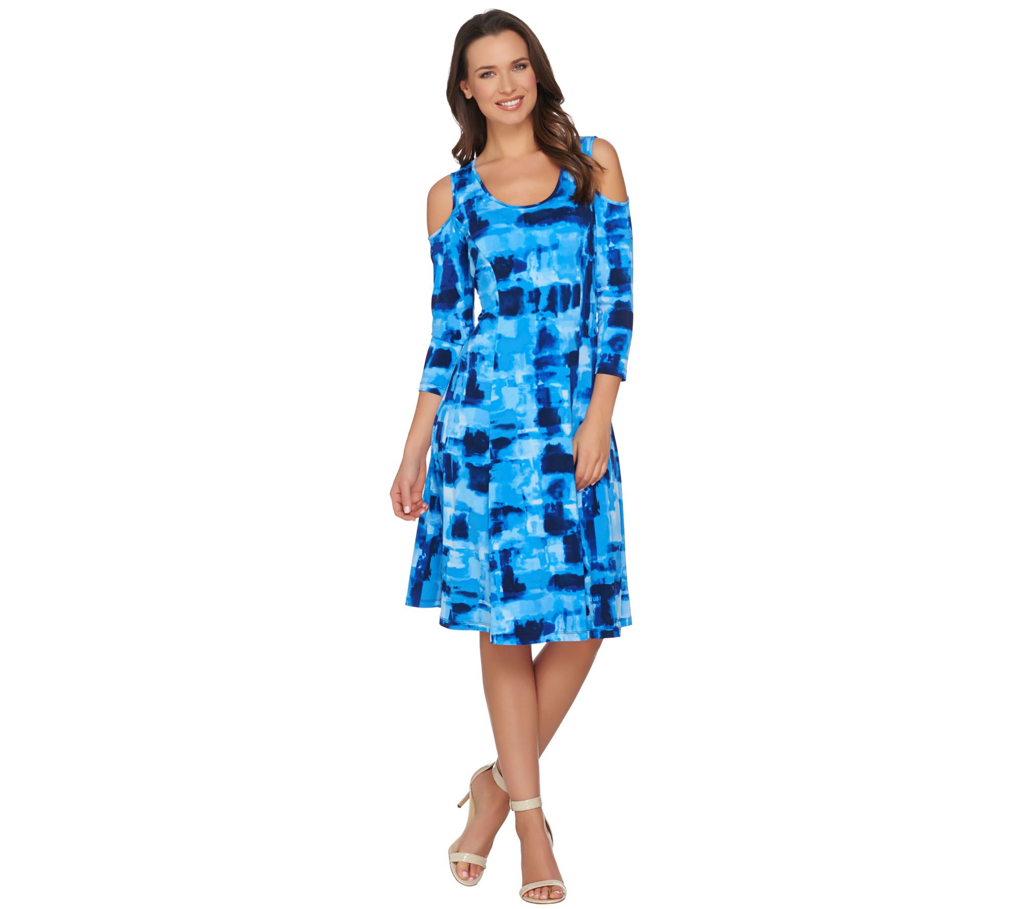 "As Is" Susan Graver Liquid Knit 3/4 Sleeve Cold Shoulder Dress —