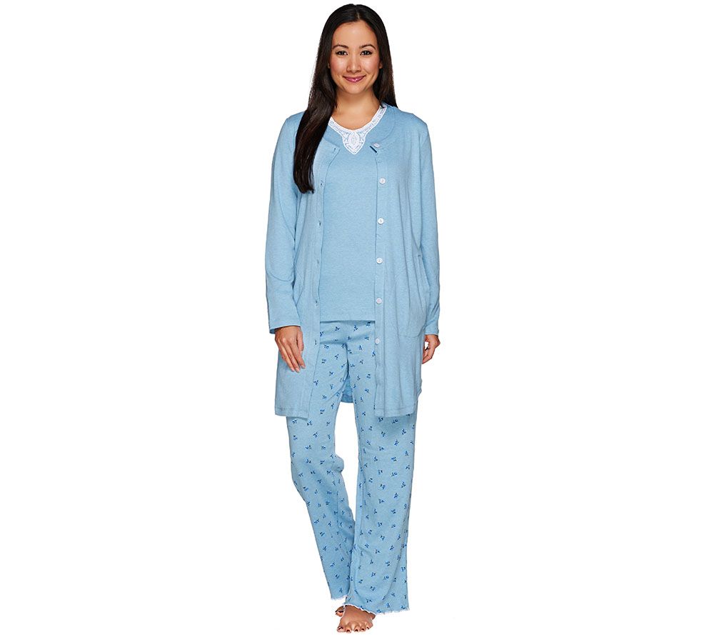 Carole Hochman Rose Bud Interlock 3Pc Pajama Set with Lace Trim —