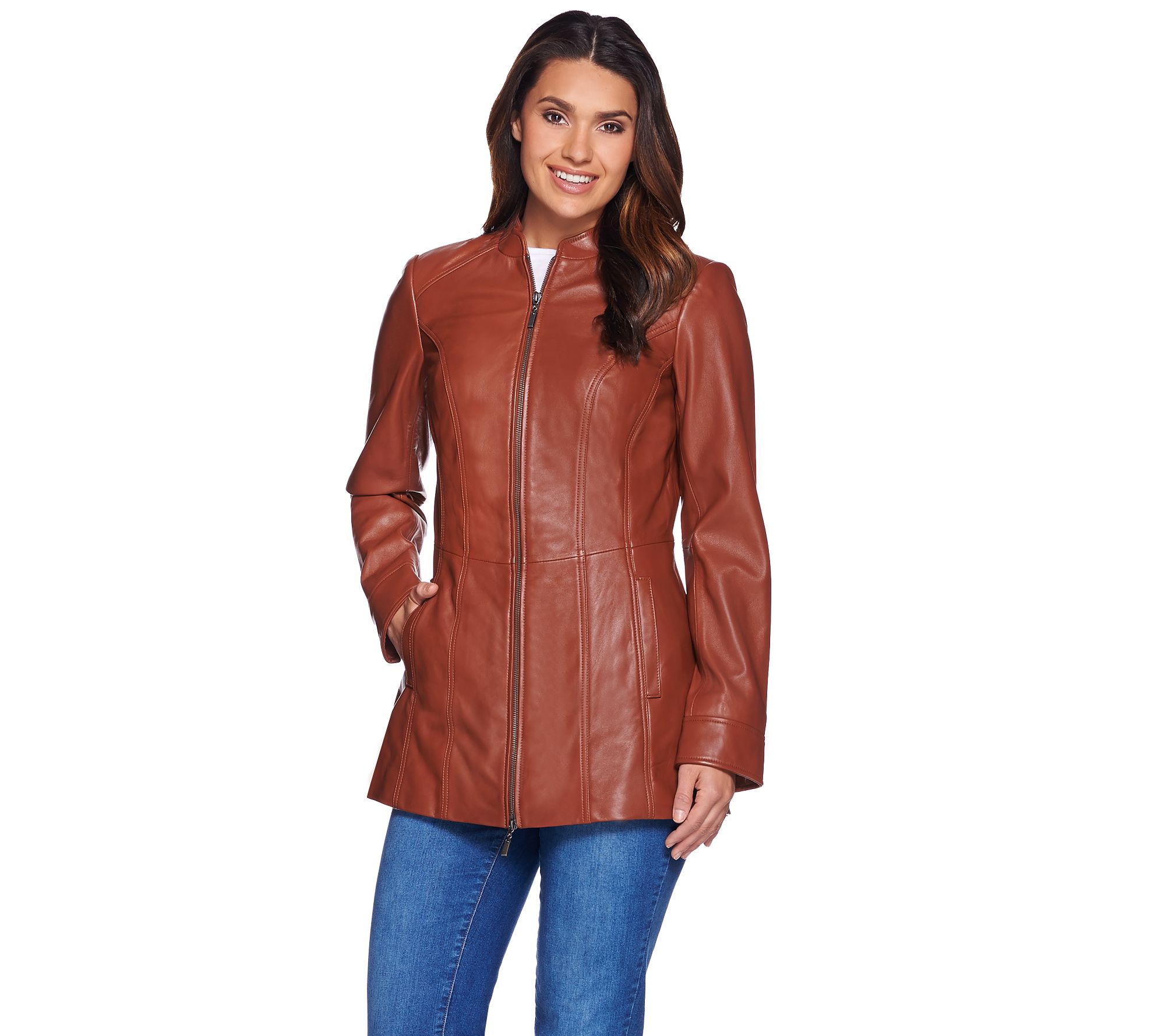 "As Is" Denim & Co. Lamb Leather Petite Stand Collar Jacket w/Detail