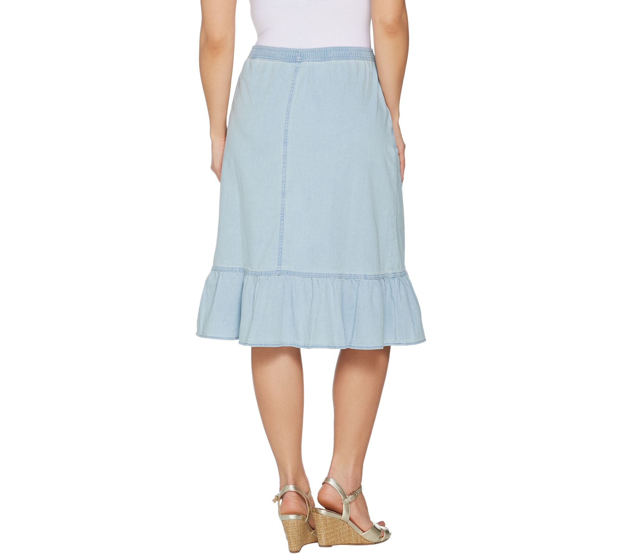 Denim & Co. Stretch Denim Pullon Skirt with Ruffle Hem