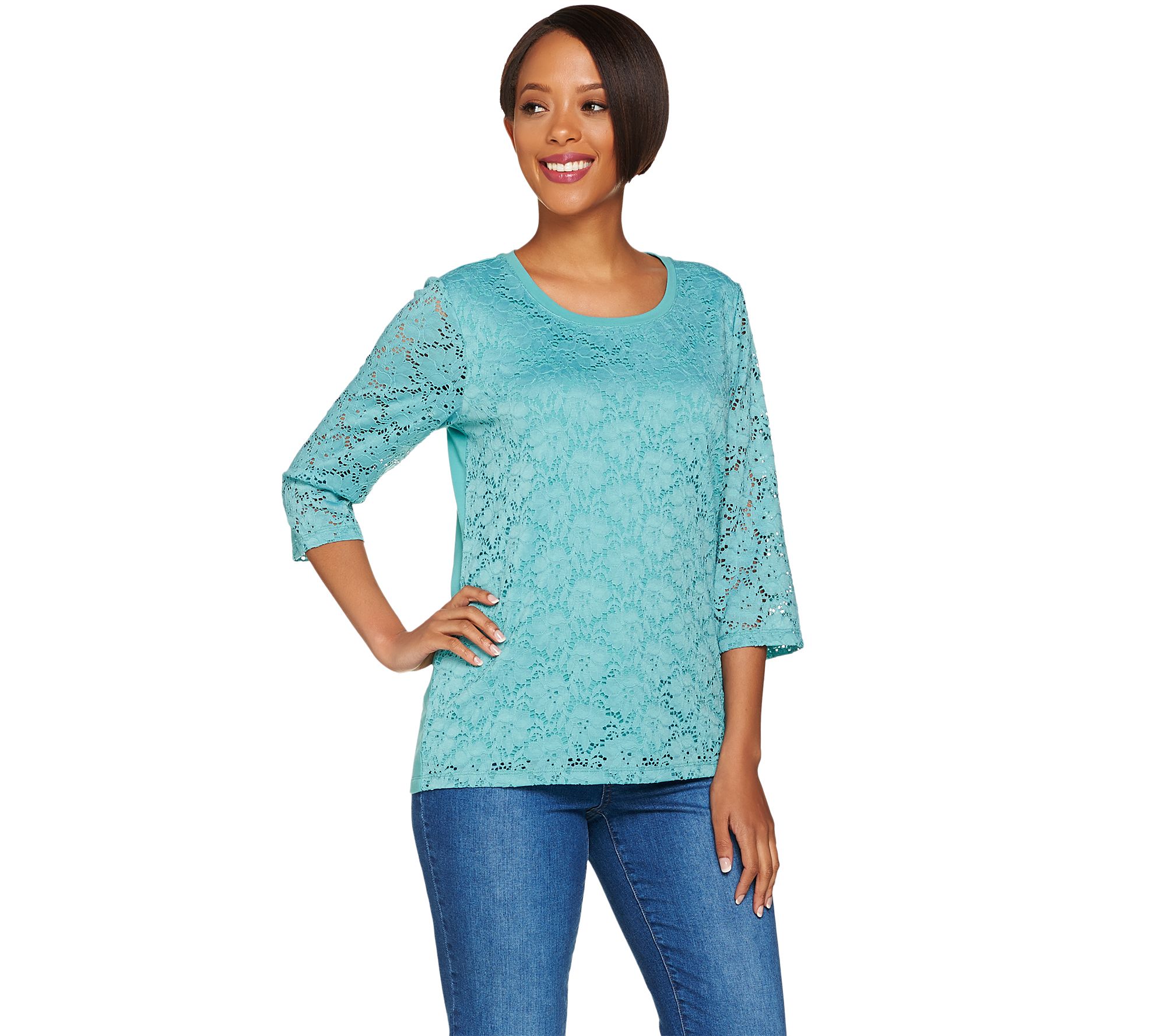 Denim & Co. 3/4 Sleeve Top with Lace Front Detail Page 1 —